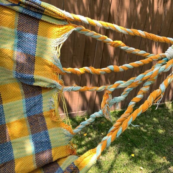 handmade cotton plaid hammock yellow blue orange colourful check checkered - Picture 4 of 7
